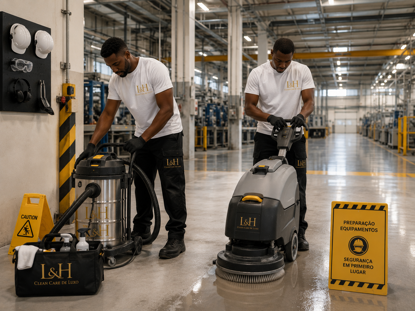 Técnicos a higienizar o pavimento de uma unidade industrial